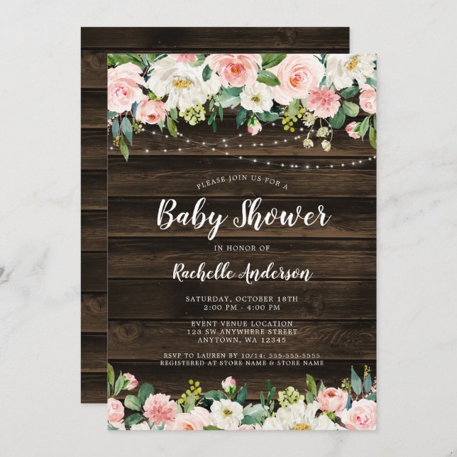 Rustik Rosa Blommigt String Ljus Baby Shower Inbjudningar (Fram/baksida)