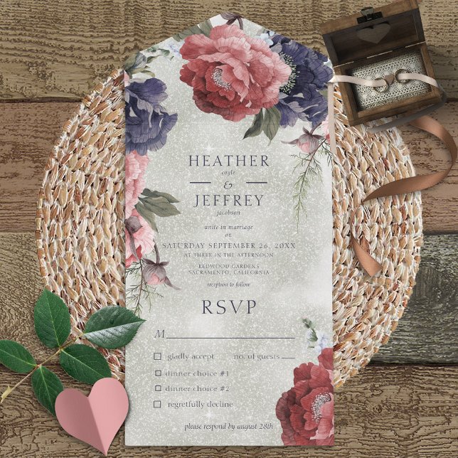 Rustik Rosa & Blue Peonies Sage Grönt Middag (Also available with a QR code or without dinner selection options.)