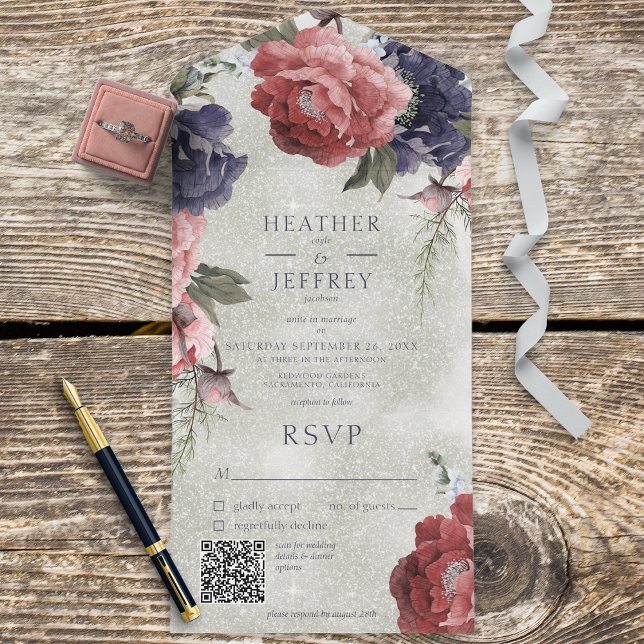 Rustik Rosa & Blue Peonies Sage Grönt QR-kod (Also available without a QR code; with or without dinner selection options.)