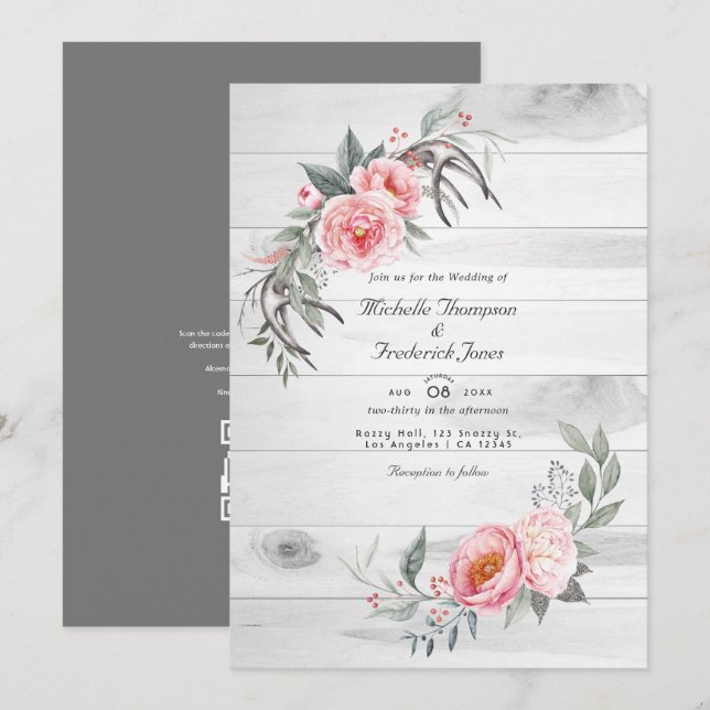 Rustik Rosa Boho Blommig QR-kod RSVP Bröllop Inbjudningar (Fram/baksida)
