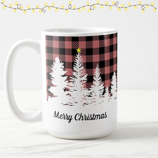 Rustik rosa Buffalo-rutig skog Gläd dig jul  Kaffemugg (Skapare uppladdad)