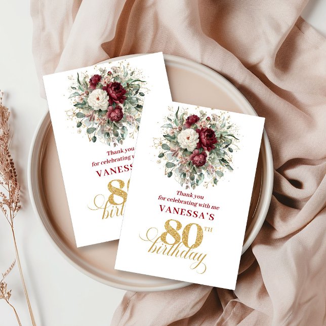 Rustik Rosa Burgunder 80-års Födelsedags Tacksamhe Tack Kort (Rustic Blush Burgundy 80th Birthday Thank You Card)