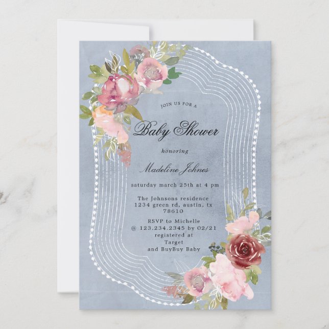 rustik rosa burgunder blommande baby shower inbjud (Framsida)