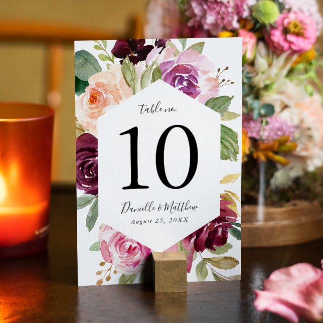 Rustik rosa burgunder och lila blomsterbröllop bordsnummer (Skapare uppladdad)