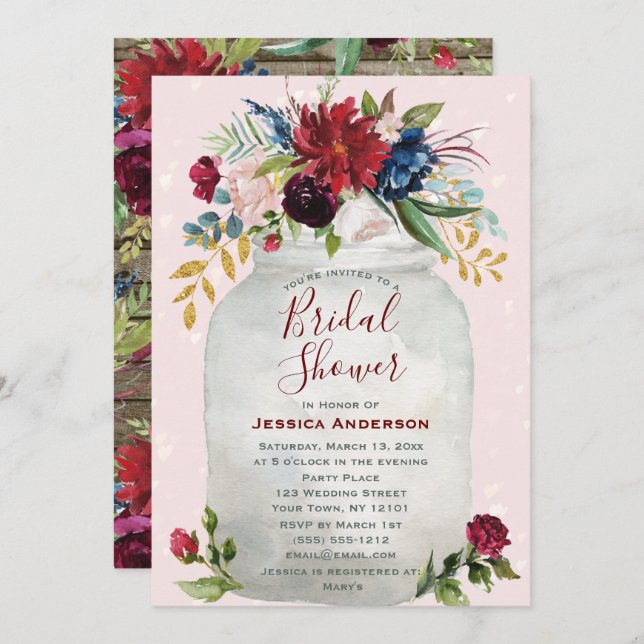 Rustik Rosa Burgundy Guld Mason Burk Möhippa Inbjudningar (Fram/baksida)