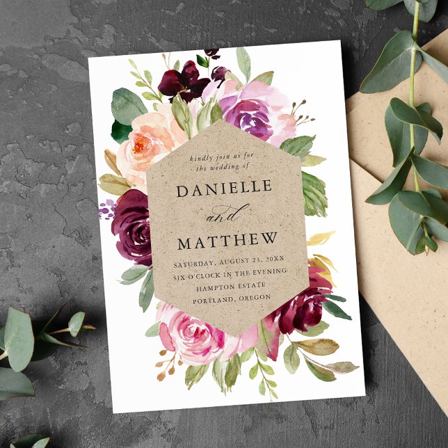 Rustik Rosa Burgundy och Lila Blommigt Bröllop Inbjudningar (Skapare uppladdad)