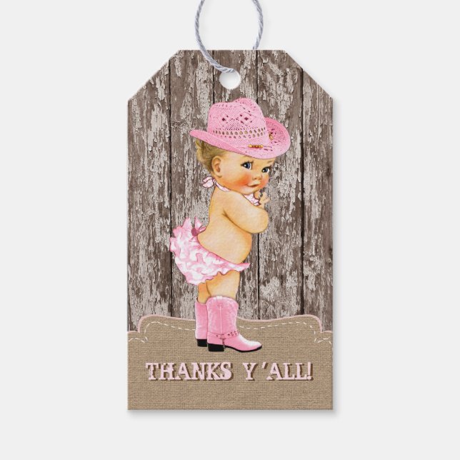 Rustik Rosa Cowgirl Baby Shower Presentetikett (Framsidan)
