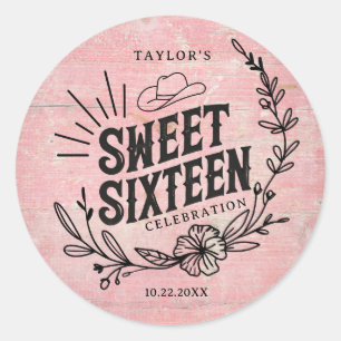 Rustik Rosa Cowgirl Blomma Sweet Sixteen Klistermä Runt Klistermärke
