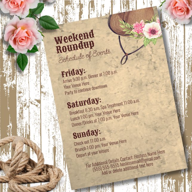Rustik Rosa Cowgirl Sällskapsdamresa Itinerary Inbjudningar (Skapare uppladdad)