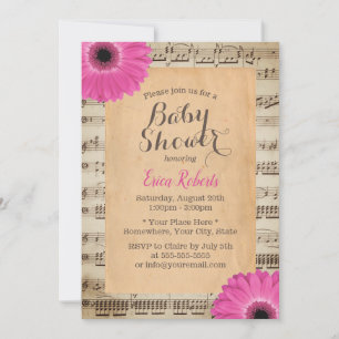Rustik Rosa Daisy Blommigt Vintage Music Baby Show Inbjudningar