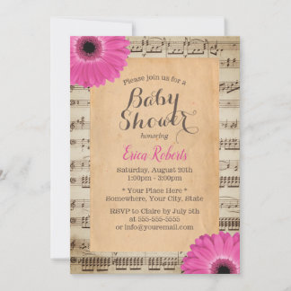 Rustik Rosa Daisy Blommigt Vintage Music Baby Show Inbjudningar