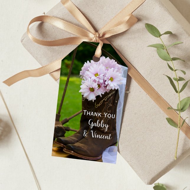 Rustik Rosa Daisy CowboyBoots Wedding Favor Märkre Presentetikett (Skapare uppladdad)