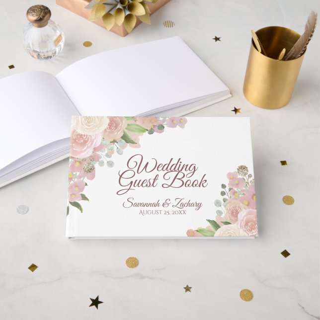 Rustik  Rosa Elegant Blommigt Boho Chic Bröllop Gästböcker (Framsida öppen)