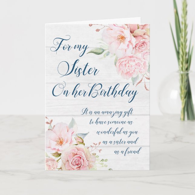 Rustik Rosa Flowers Sister Birthday Card Kort (Framsida)