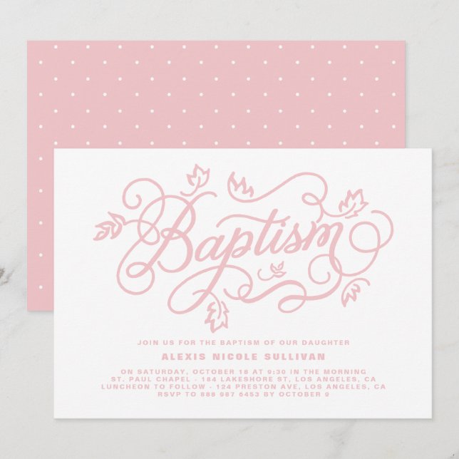 Rustik Rosa Foliage Lettering Baptism Inbjudningar (Fram/baksida)