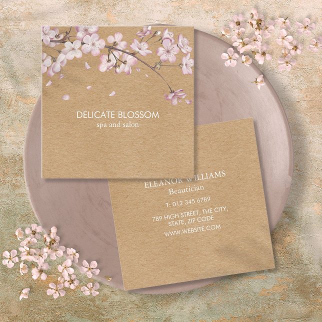 Rustik Rosa för delikat Blommar på  Fyrkantigt Visitkort (Rustic Craft Delicate Blossom Pink Square Square Business Card)