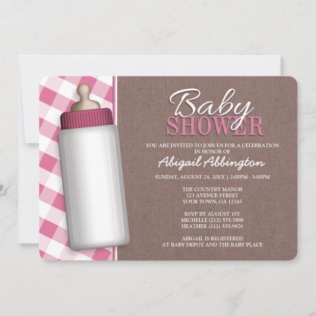 Rustik Rosa Gingham Baby Flaska Baby Shower Inbjud Inbjudningar (Framsida)