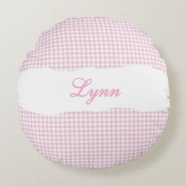 Rustik Rosa Gingham Personlig Namn Rund Kudde