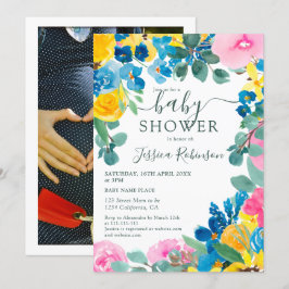 Rustik rosa grön blomsterfoto baby shower inbjudningar