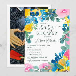 Rustik rosa grön blomsterfoto baby shower inbjudningar