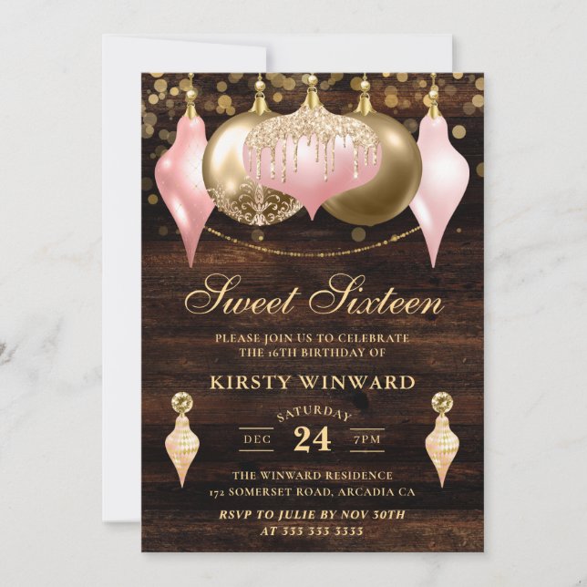 Rustik  Rosa & Guld Baubles Sweet sixteen Inbjudningar (Framsida)