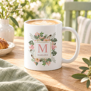 Rustik Rosa Guld Blommig Boho Monogram Kaffemugg