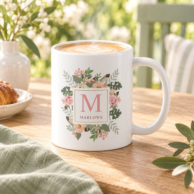 Rustik Rosa Guld Blommig Boho Monogram Kaffemugg (Skapare uppladdad)