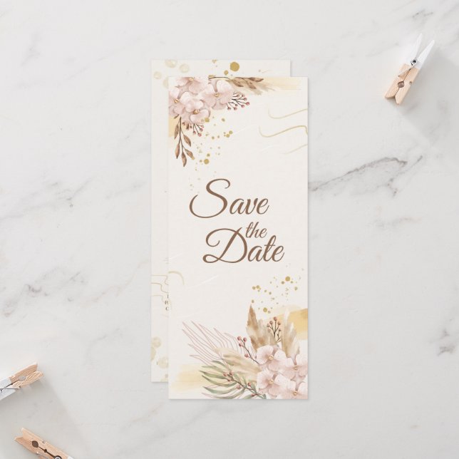 Rustik Rosa & Guld Blommig Boho Save the Date Inbjudningar (Fram/Back In Situ)