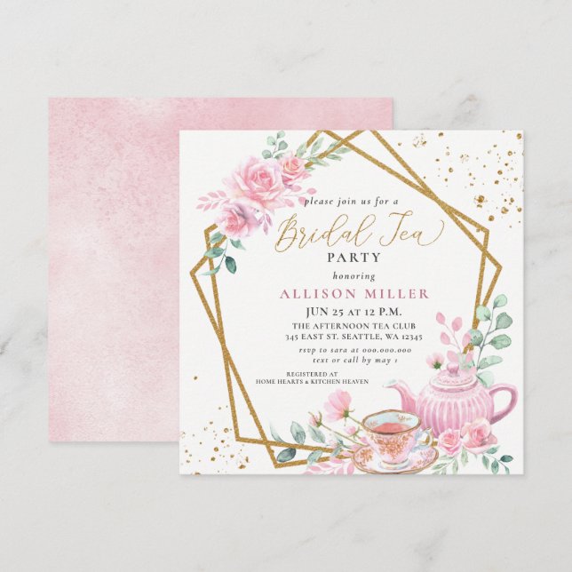 Rustik  Rosa Guld Tea Party Möhippa Inbjudningar (Fram/baksida)