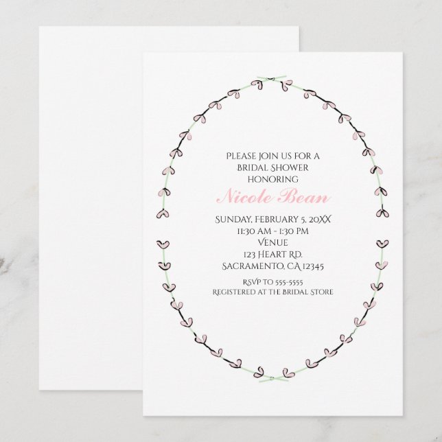 Rustik Rosa Hjärtformad Vinranka Ram Bröllopsdusch Inbjudningar (Fram/baksida)