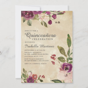 Rustik Rosa Lila Akvarell Blommig Quinceañera Inbjudningar