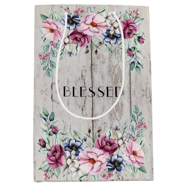 Rustik Rosa & Marinblå Blommig Ladan Trä Blessed (Framsidan)