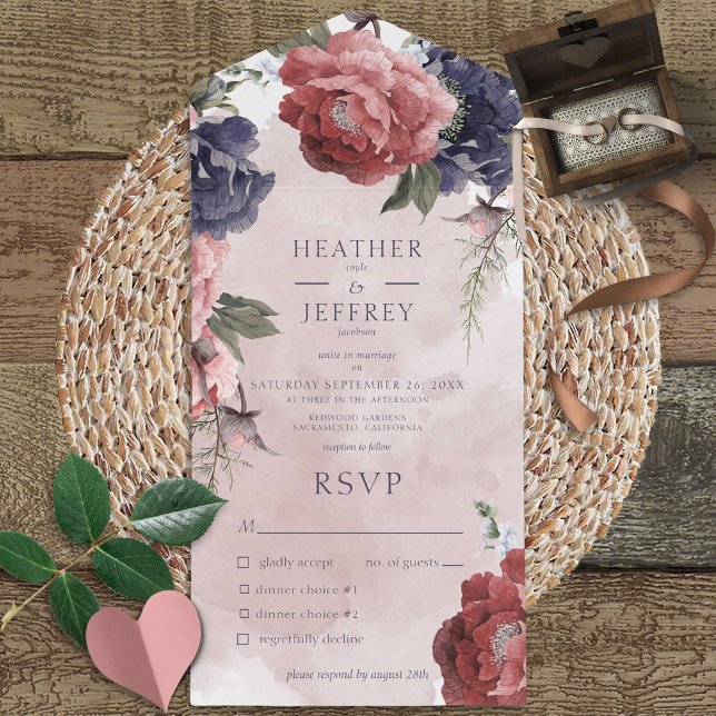 Rustik Rosa och Blue Peonies Rosa Middag (Also available with a QR code or without dinner selection options.)