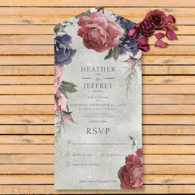 Rustik Rosa och Blue Peonies Sage Grönt nr Middag (Also available with a QR code or with dinner selection options.)