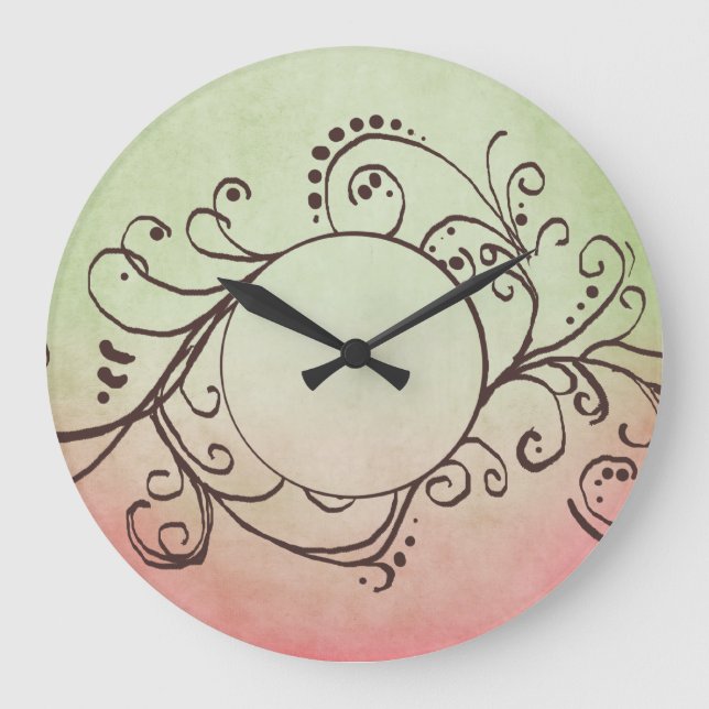 Rustik Rosa och Grönt Bohemian Flourish Stor Klocka (Framsida)