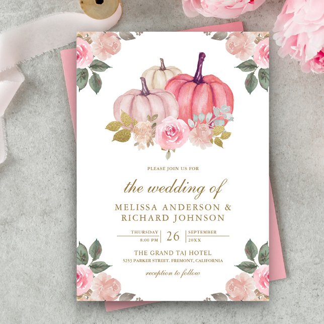Rustik Rosa och Guld Pumpa Blommig Bröllop Inbjudningar (Skapare uppladdad)