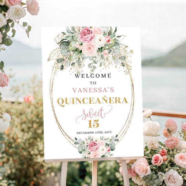 Rustik Rosa och Guld Quinceañera Välkomstskylt Poster (Rustic Blush and Gold Quinceañera Welcome)