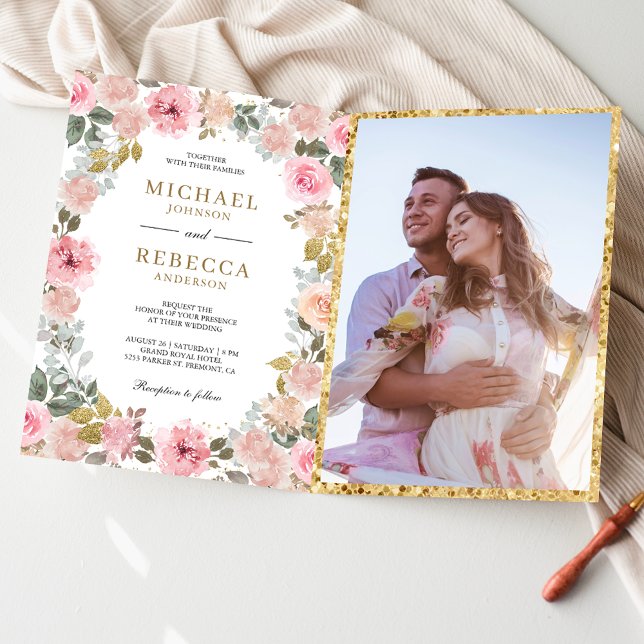Rustik rosa och guldblommig QR-kod för foton Bröll Inbjudan (Skapare uppladdad)