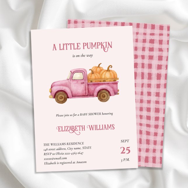 Rustik rosa Pumpkin Lastbil Baby Shower minimalist Inbjudningar (A little pumpkin baby shower Invitation with Rustic Truck & Fall Charm)