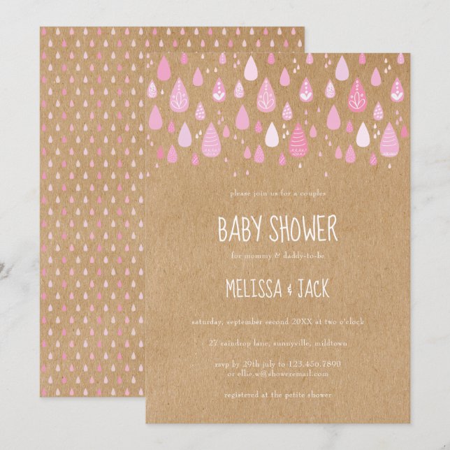Rustik Rosa Regndroppar Baby Girl Shower Inbjudningar (Fram/baksida)
