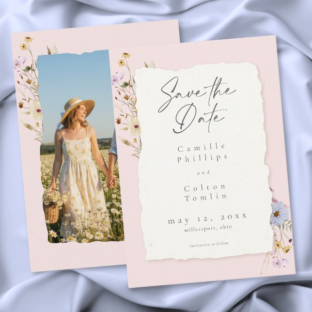 Rustik Rosa Romantisk Vildblomma Bröllopsfoto Spara Datumet (Rustic Pink Romantic Wildflower Wedding Photo Save The Date)