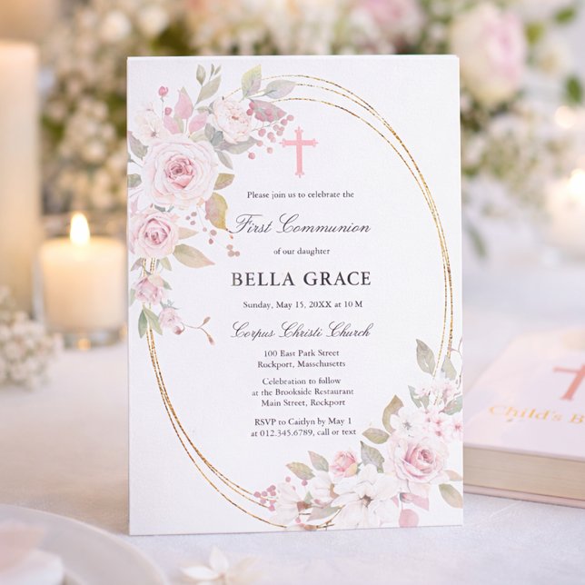 Rustik Rosa Ros Blommig Första Kommunion Inbjudningar (Skapare uppladdad)
