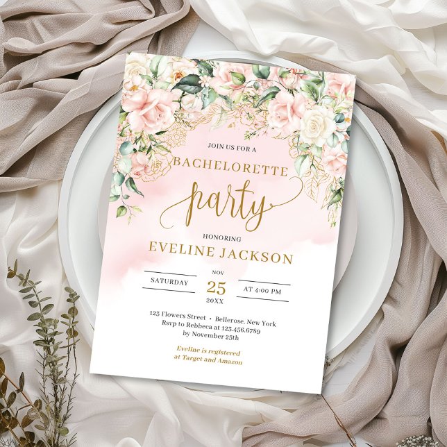Rustik  rosa ros guld-bachelorette-parti inbjudningar (Elegant boho blush pink roses greenery gold bachelorette party invitation )