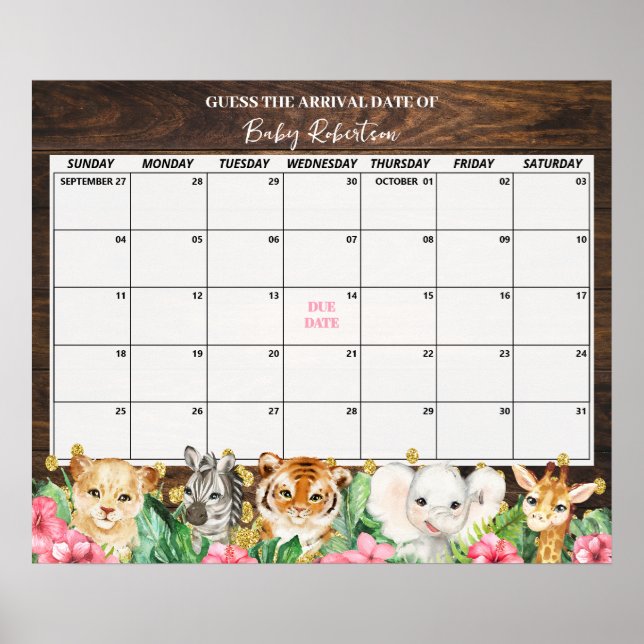 Rustik Rosa Safari Baby Förlossningsdatum Kalender Poster (Framsidan)