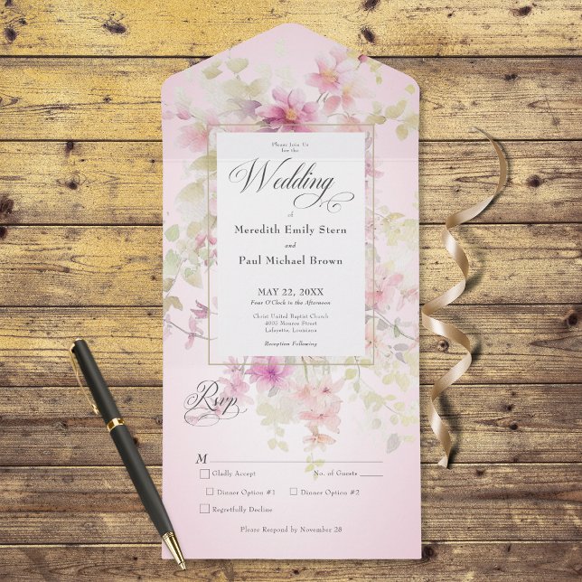 Rustik Rosa & Sage Watercolor Blommigt Rosa Middag (Also available with a QR code or without dinner selection options.)