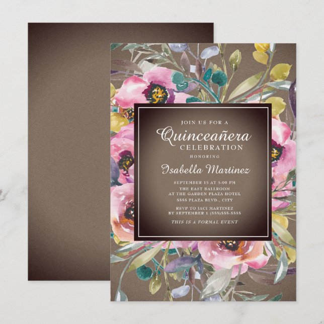 Rustik Rosa Vattenfärg Blommig Brun Quinceañera Inbjudningar (Fram/baksida)