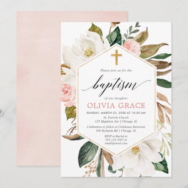Rustik,  rosa, vit blommigt, flicka baptism inbjudningar (Fram/baksida)