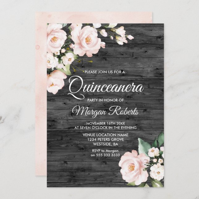 Rustik  Rosa & vit Blommigt Quinceanera Party Inbjudningar (Fram/baksida)