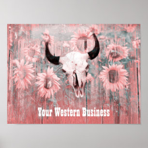 Rustik Rosa Western Bull Skull-solblommor på trä Poster