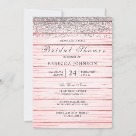 Rustik Rosa Wood Silver Glitter Möhippa Inbjudningar